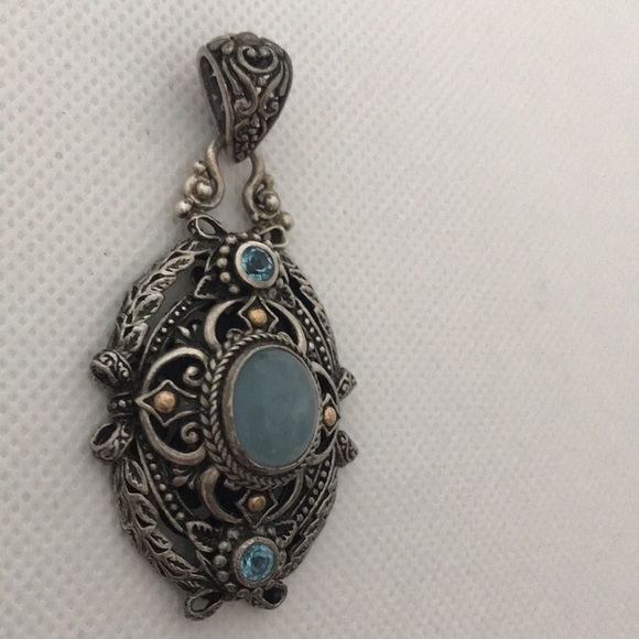 Vintage Sarda Artisan 18K Sterling silver Aquamarine and Blue Topaz Pendant - Picture 7 of 13